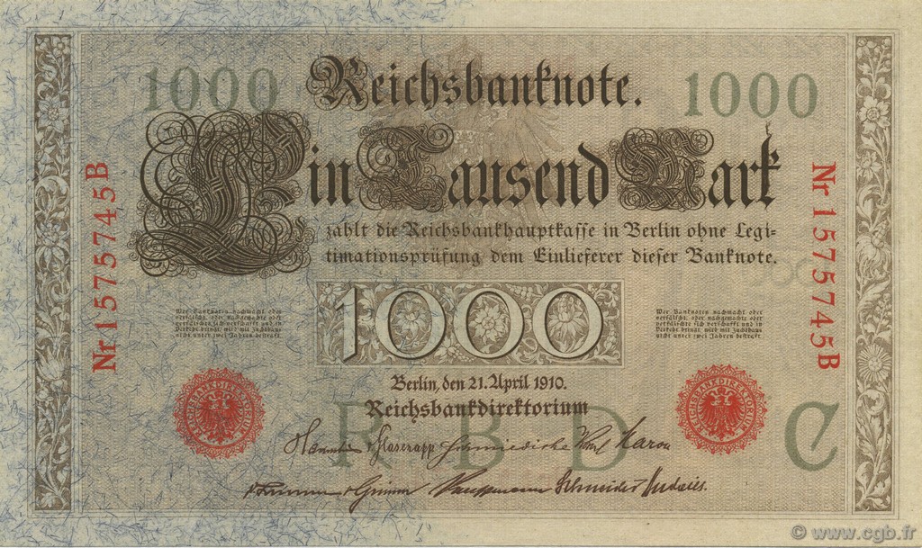 1000 Mark GERMANY  1910 P.044b UNC-
