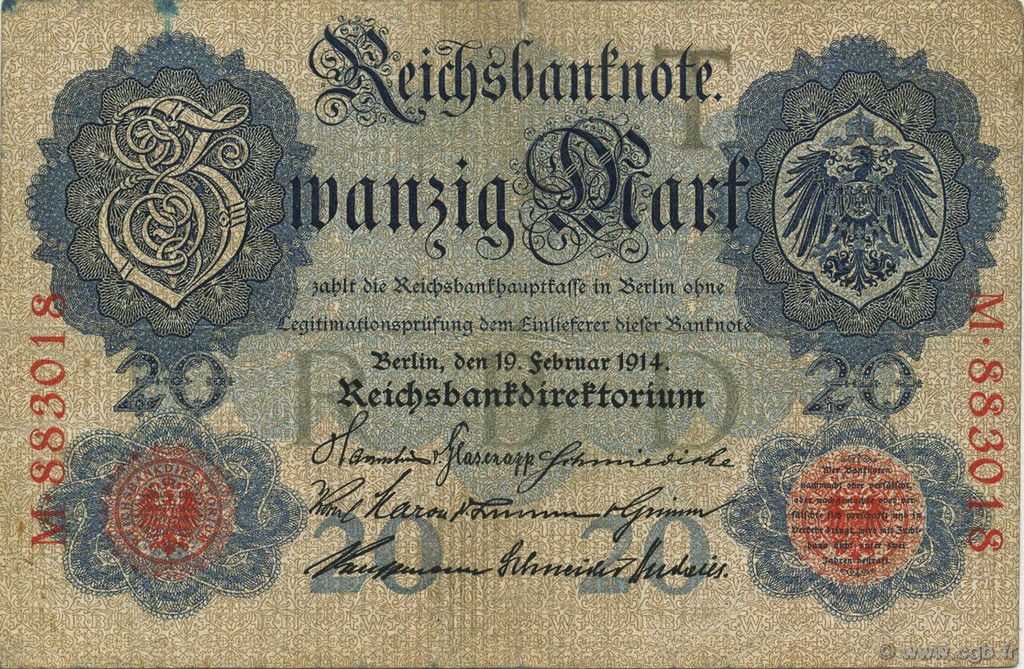 20 Mark GERMANY  1914 P.046a F+