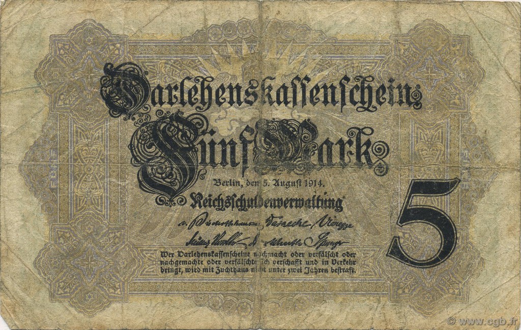 5 Mark GERMANY  1914 P.047b F