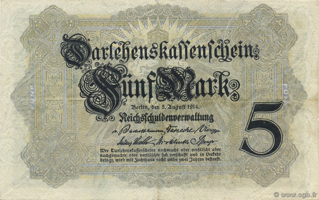 5 Mark GERMANY  1914 P.047b VF+