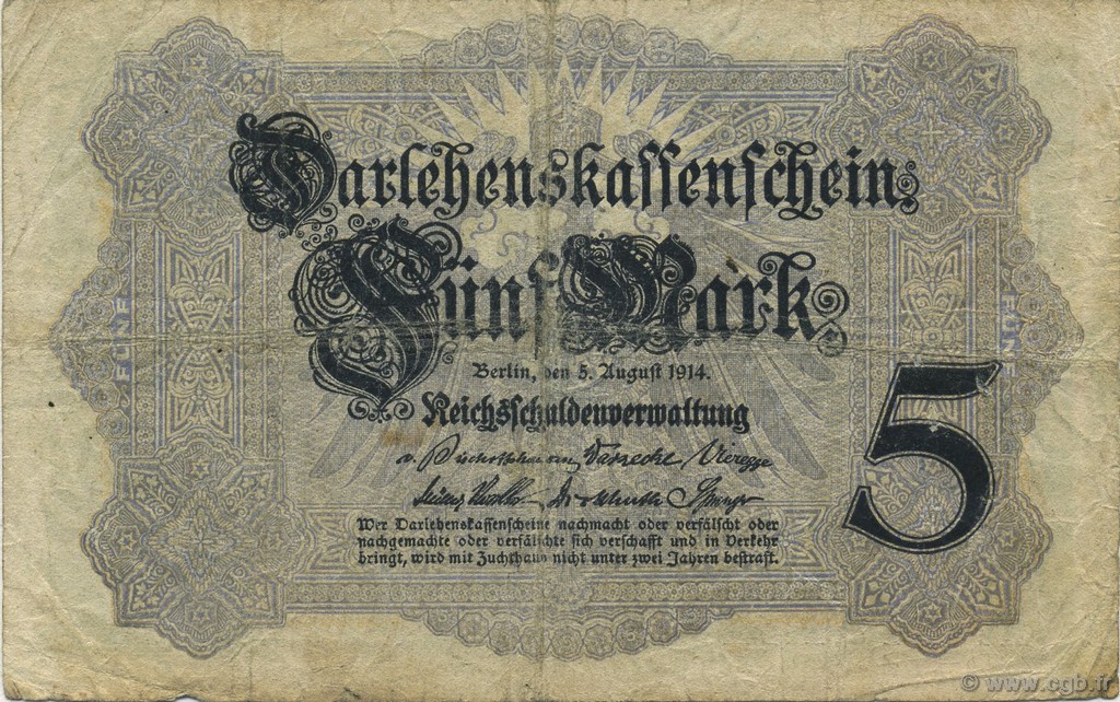 5 Mark GERMANY  1914 P.047c F-