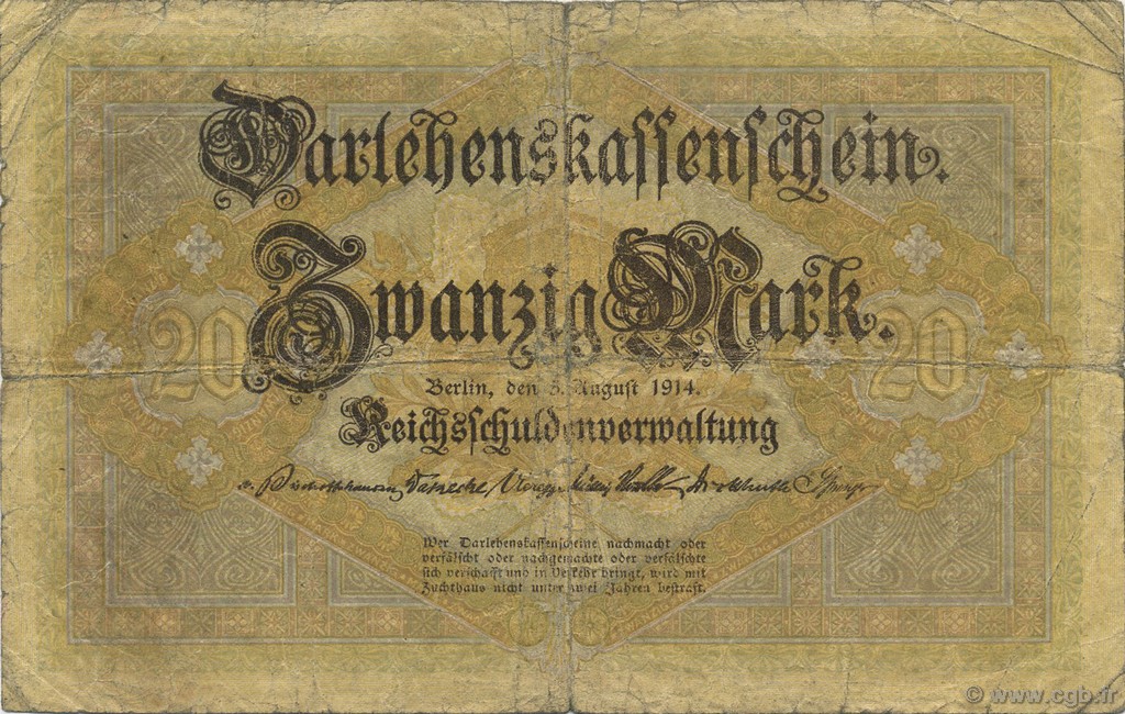 20 Mark GERMANY  1914 P.048a F-