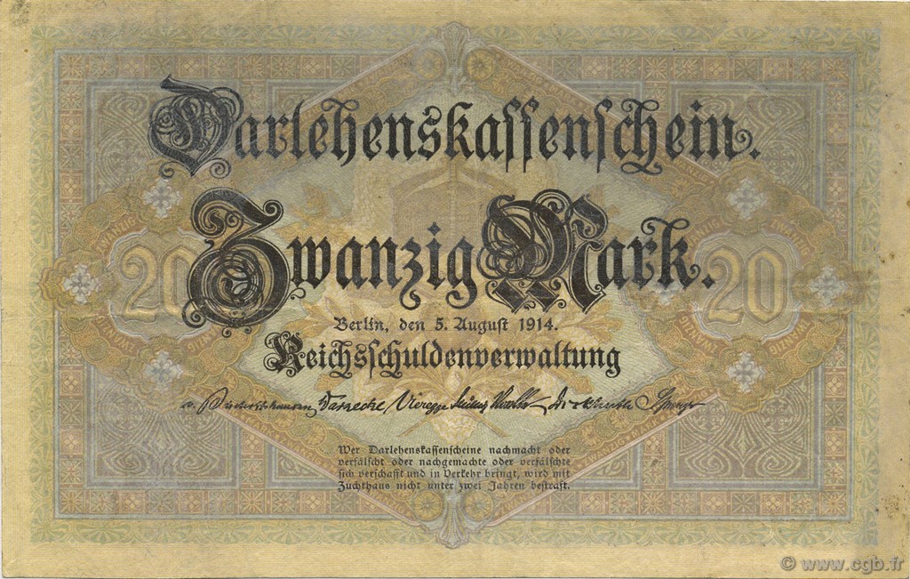 20 Mark GERMANIA  1914 P.048a BB to SPL