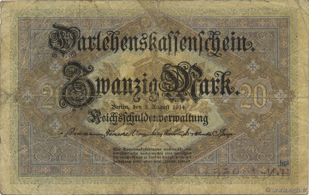 20 Mark GERMANY  1914 P.048b F