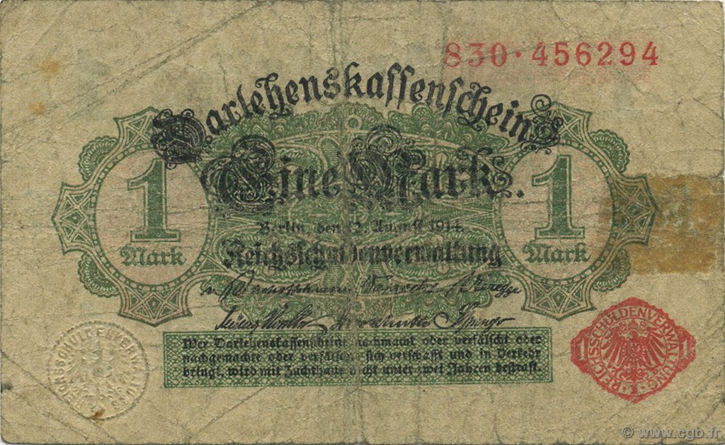 1 Mark GERMANY  1914 P.050 VG
