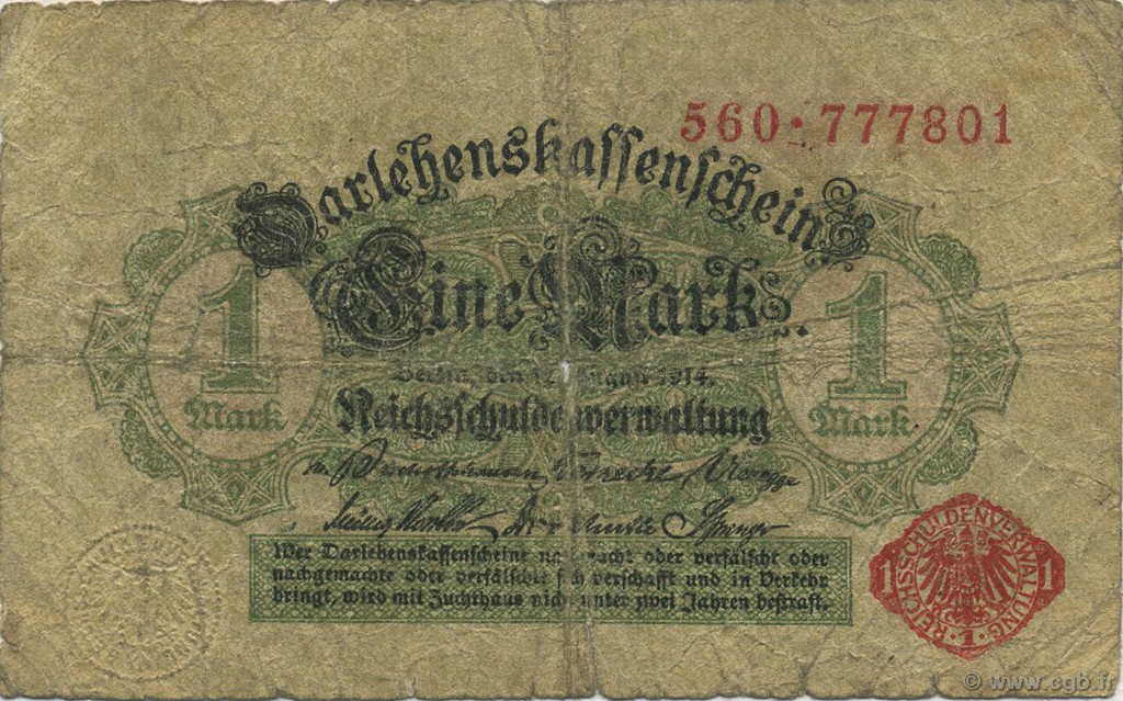 1 Mark GERMANY  1914 P.051 G