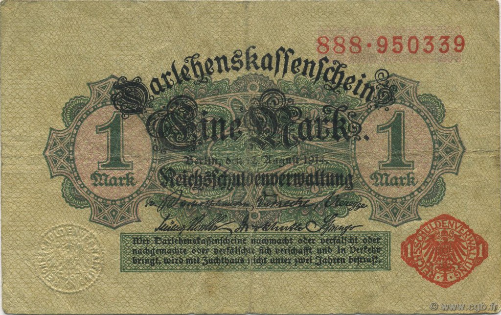 1 Mark GERMANY  1914 P.051 VF
