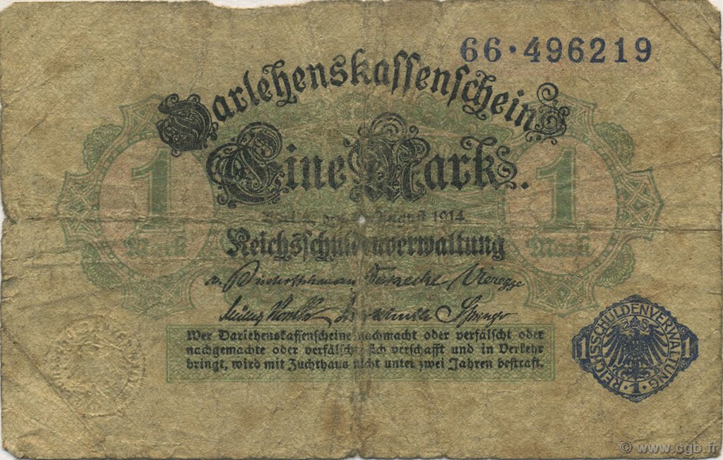 1 Mark GERMANY  1914 P.052 G
