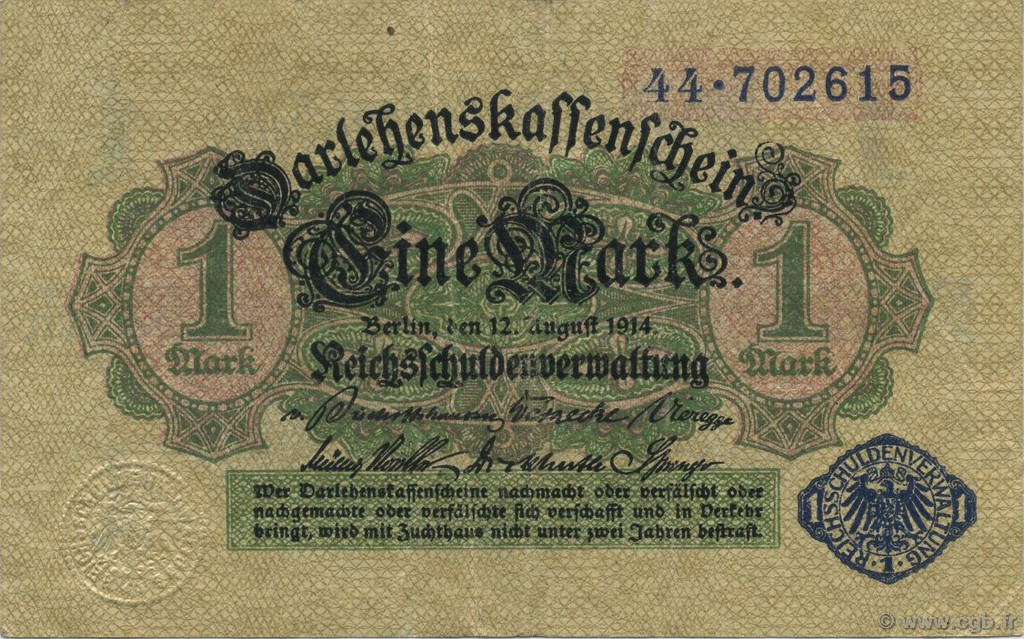 1 Mark GERMANY  1914 P.052 VF