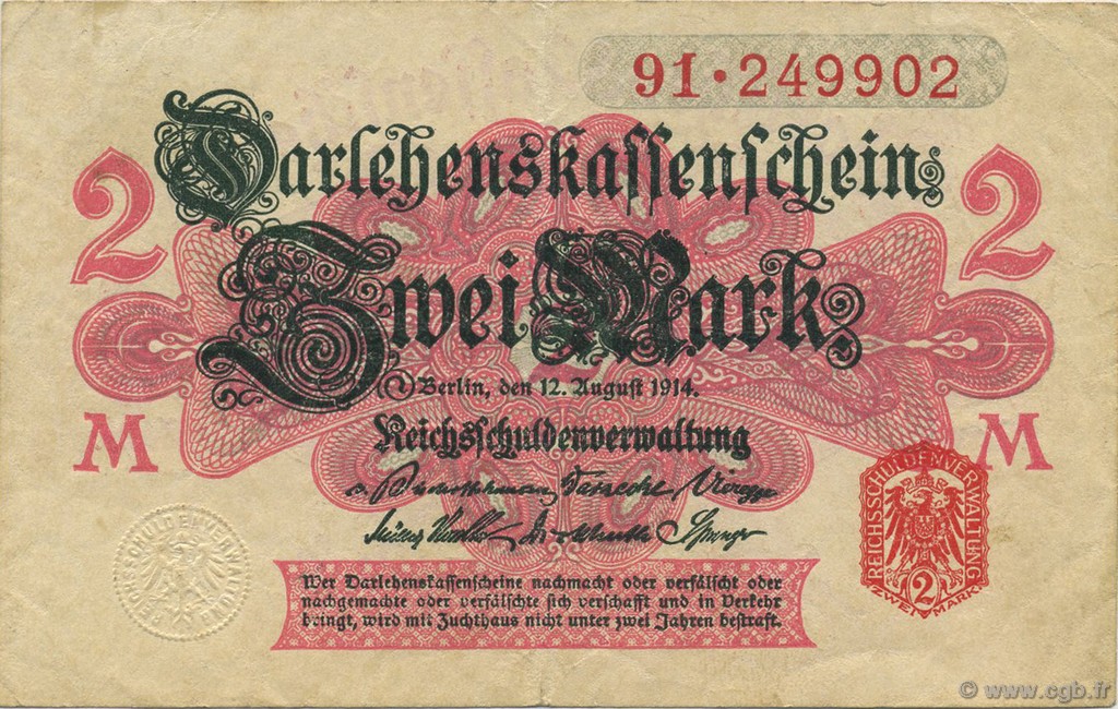 2 Mark GERMANY  1914 P.053 XF-
