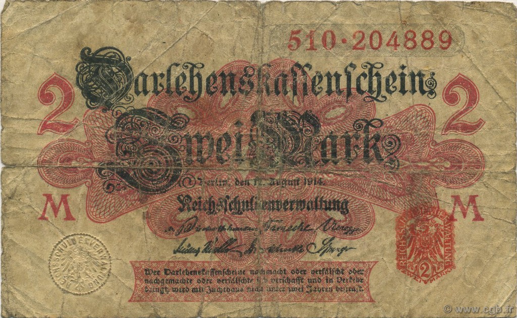2 Mark GERMANY  1914 P.053 G