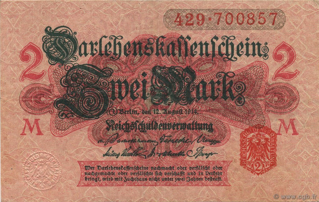 2 Mark GERMANY  1914 P.054 XF