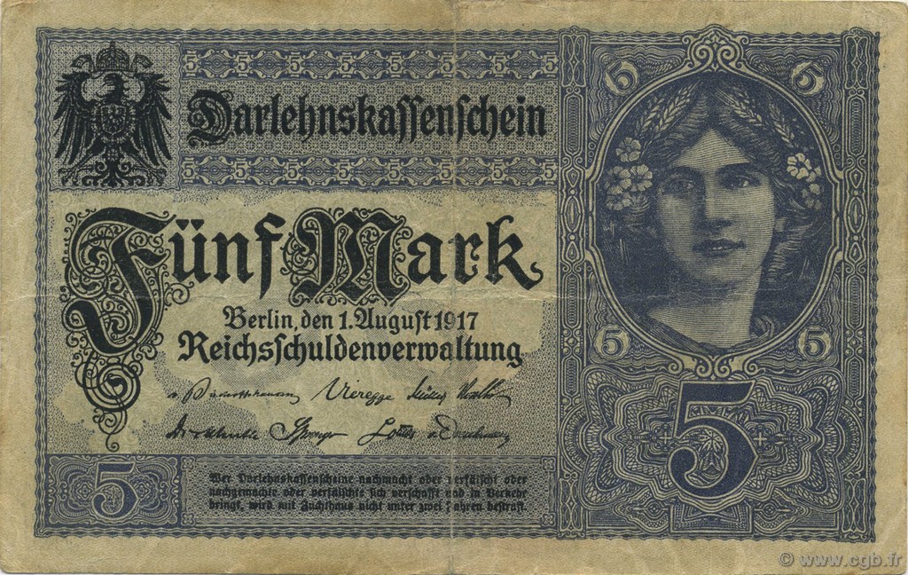 5 Mark GERMANY  1917 P.056a VF