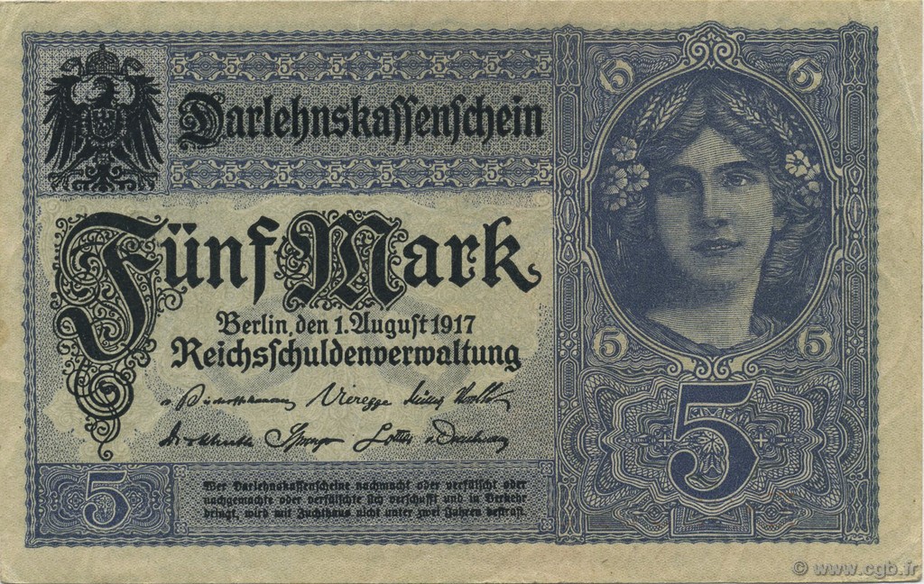5 Mark GERMANY  1917 P.056a XF+