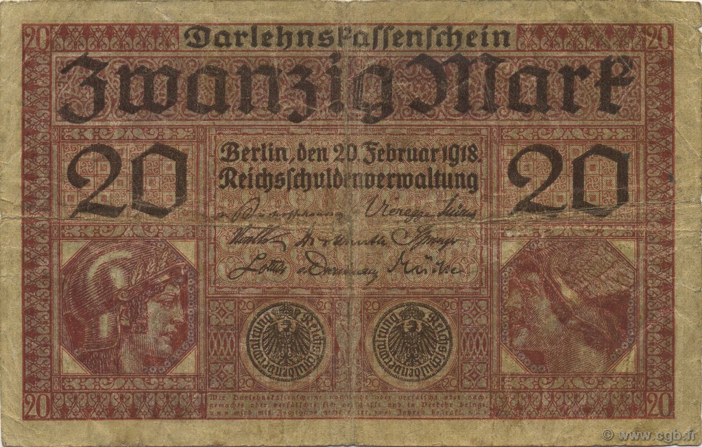 20 Mark GERMANY  1918 P.057 F
