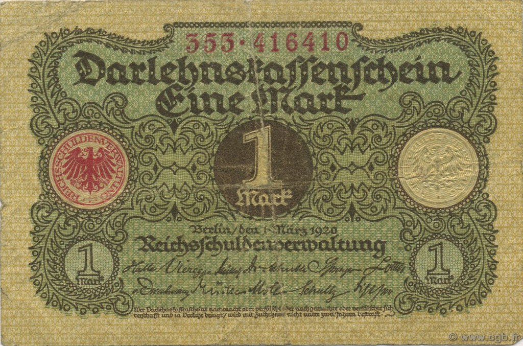 1 Mark GERMANY  1920 P.058 F