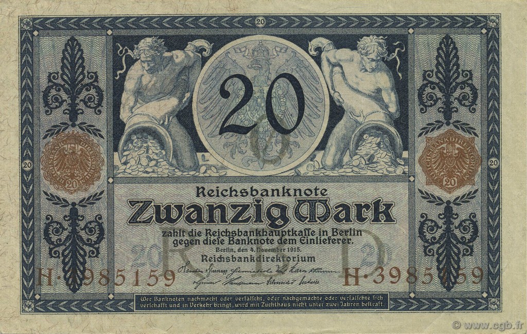 20 Mark GERMANY  1915 P.063 XF