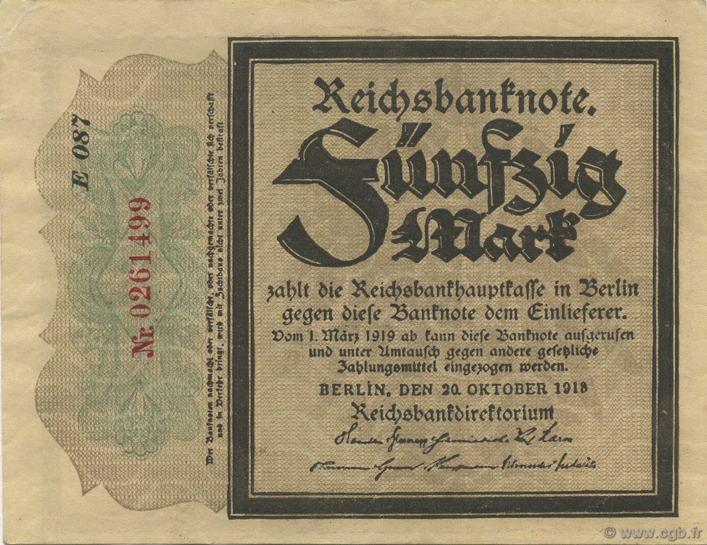 50 Mark GERMANY  1918 P.064a AU+