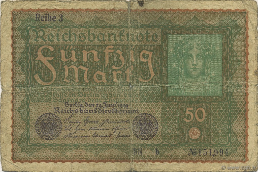 50 Mark GERMANY  1919 P.066 VG