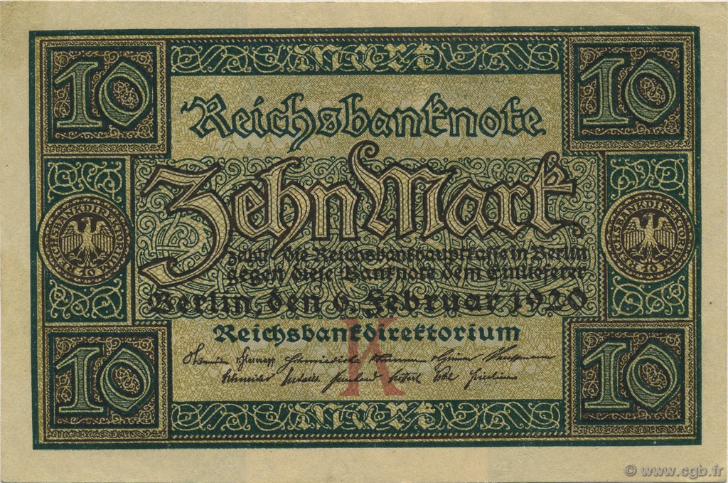 10 Mark GERMANY  1920 P.067a AU