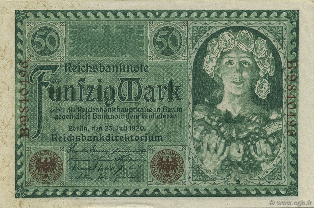 50 Mark GERMANY  1920 P.068 UNC-