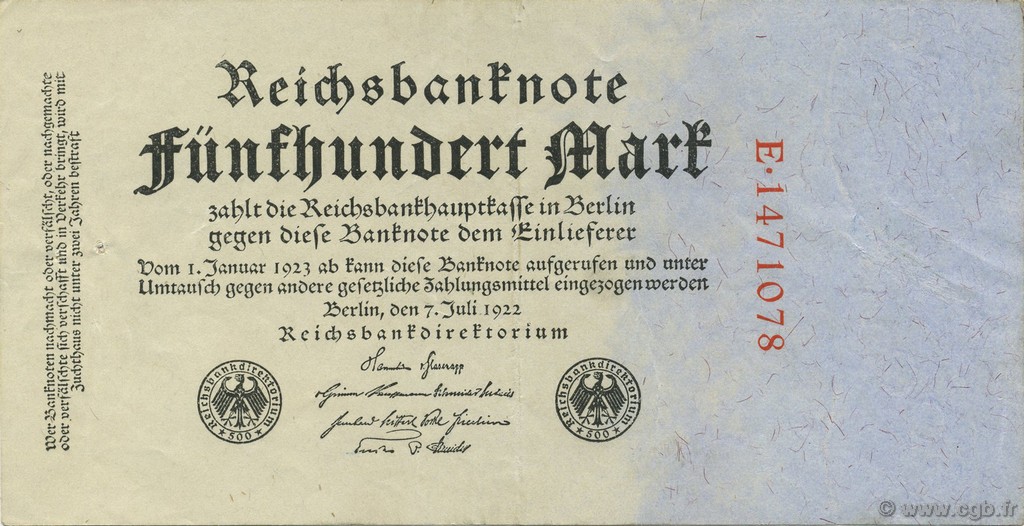 500 Mark GERMANIA  1922 P.074a q.SPL