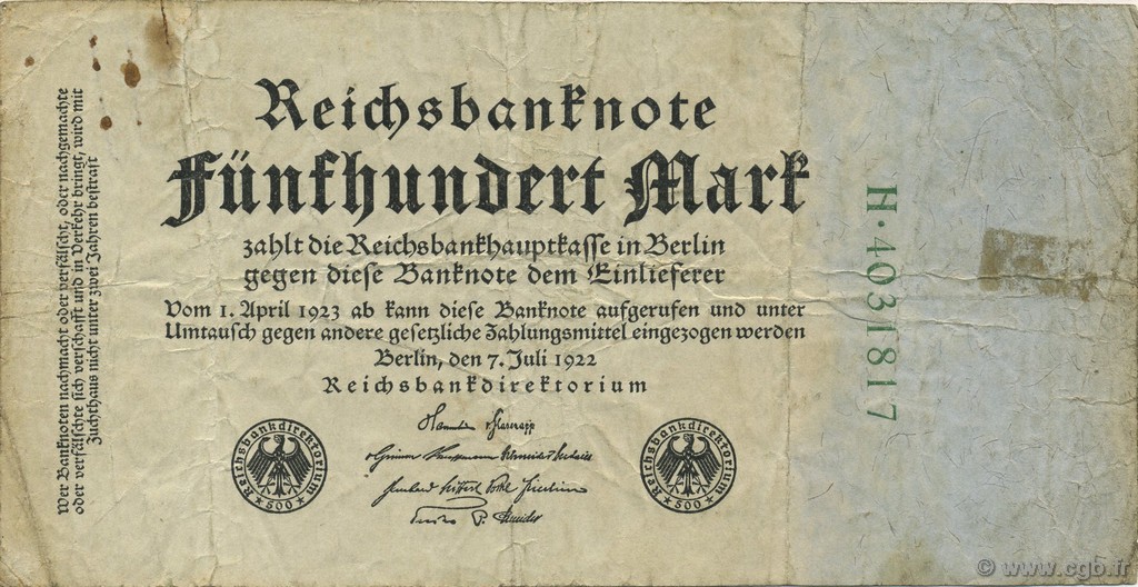 500 Mark GERMANY  1922 P.074b F