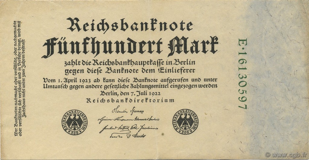 500 Mark GERMANY  1922 P.074c XF+