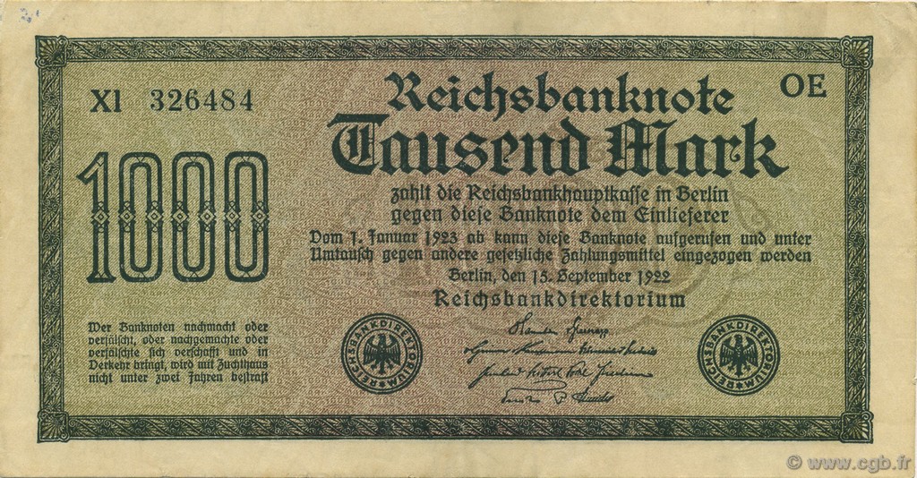 1000 Mark GERMANY  1922 P.076a XF