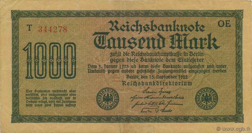 1000 Mark GERMANY  1922 P.076b VF