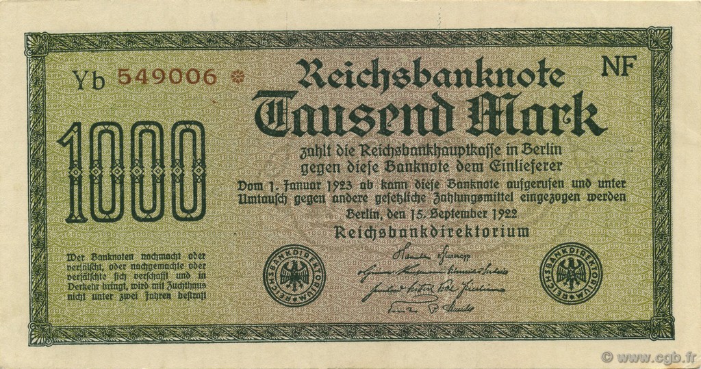 1000 Mark GERMANIA  1922 P.076c q.FDC