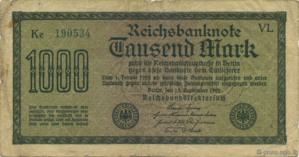 1000 Mark GERMANY  1922 P.076e F
