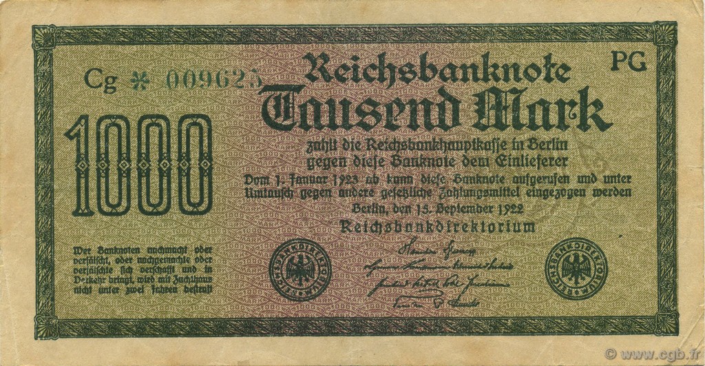 1000 Mark GERMANY  1922 P.076e VF+