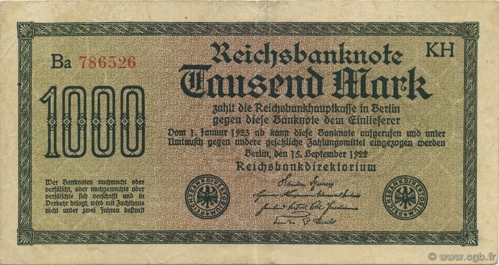 1000 Mark GERMANY  1922 P.076f VF