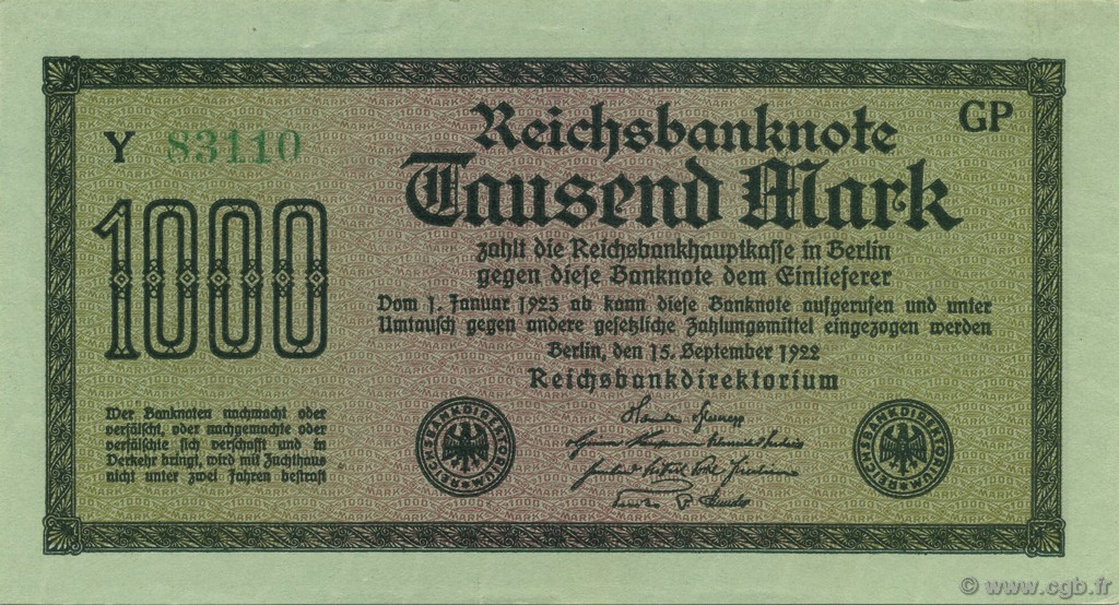 1000 Mark GERMANY  1922 P.076h AU