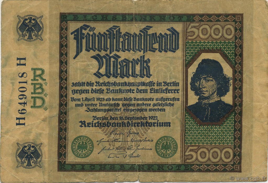 5000 Mark DEUTSCHLAND  1922 P.077 S