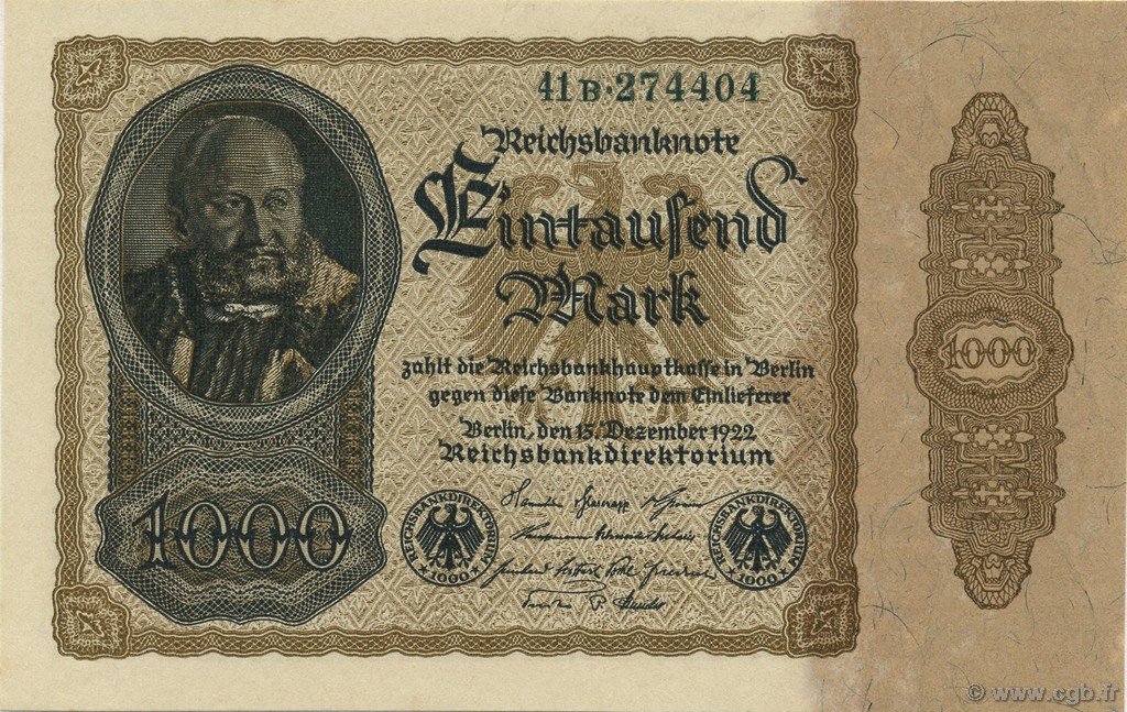 1000 Mark GERMANY  1922 P.082a AU+