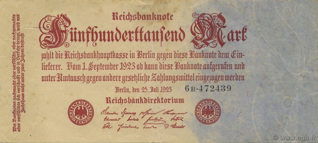 500000 Mark GERMANY  1923 P.092 VF