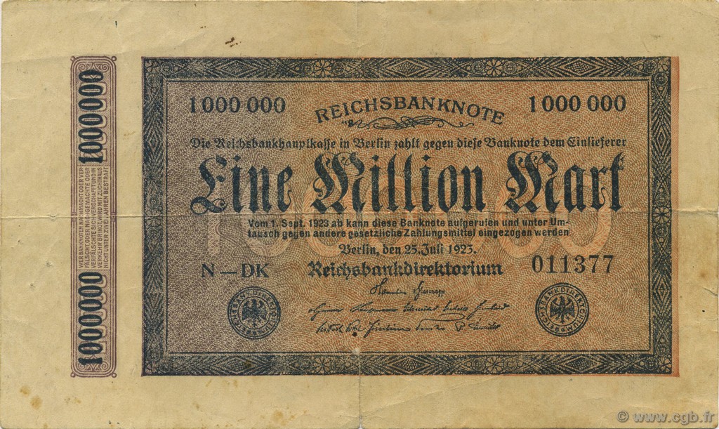 1 Million Mark GERMANY  1923 P.093 F+