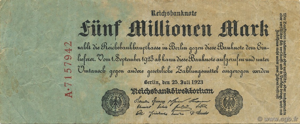 5 Millions Mark GERMANY  1923 P.095 F+