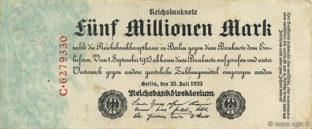 5 Millions Mark GERMANY  1923 P.095 XF