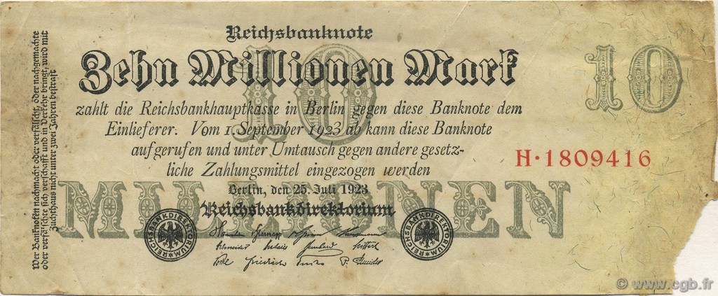 10 Millions Mark GERMANY  1923 P.096 G