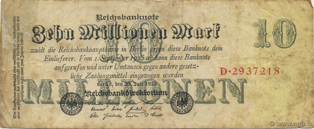 10 Millions Mark GERMANY  1923 P.096 F
