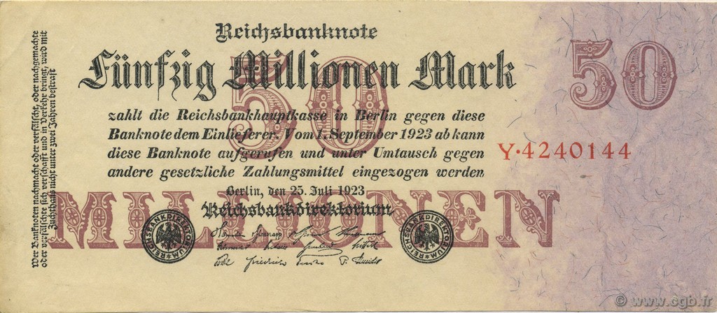 50 Millions Mark GERMANY  1923 P.098a AU-