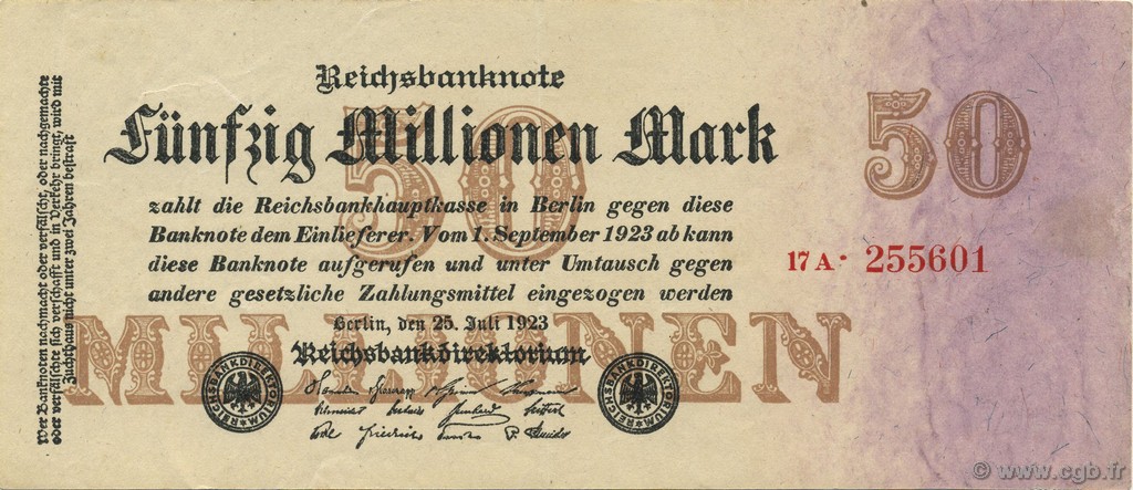 50 Millions Mark GERMANY  1923 P.098b var XF