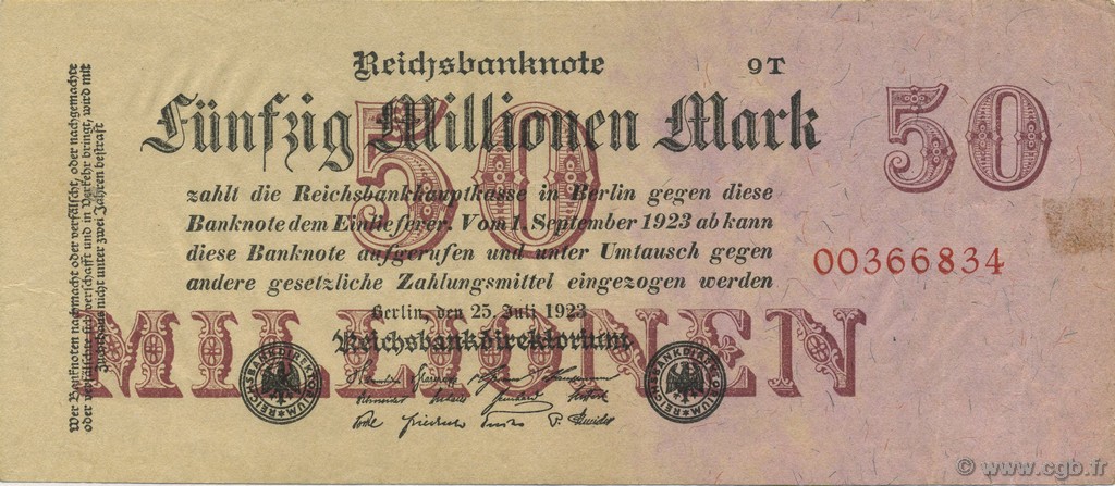 50 Millions Mark GERMANY  1923 P.098b VF
