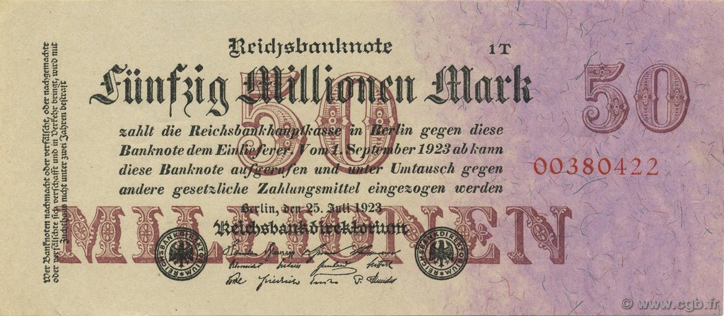 50 Millions Mark GERMANY  1923 P.098b UNC-