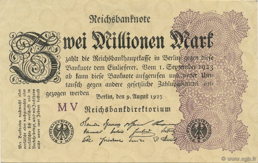 2 Millions Mark GERMANY  1923 P.104b AU