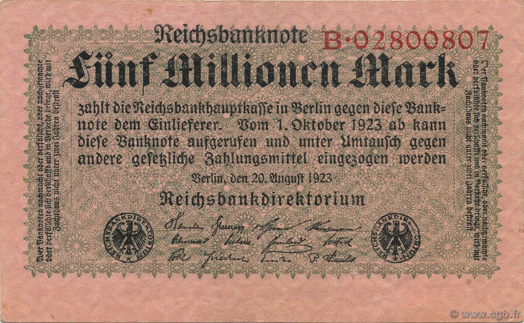 5 Millions Mark GERMANY  1923 P.105 XF