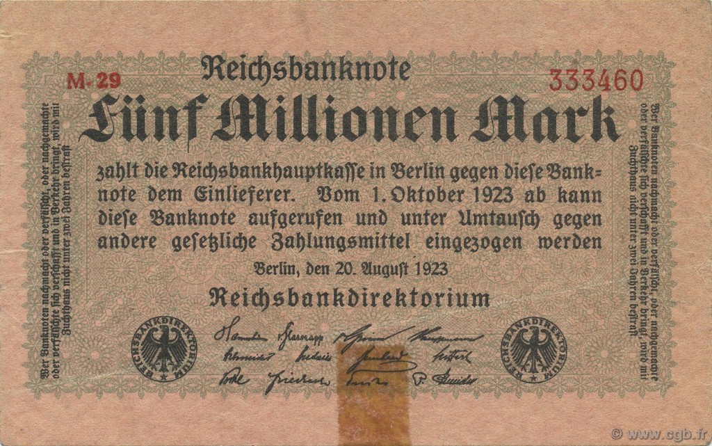 5 Millions Mark GERMANY  1923 P.105 VF